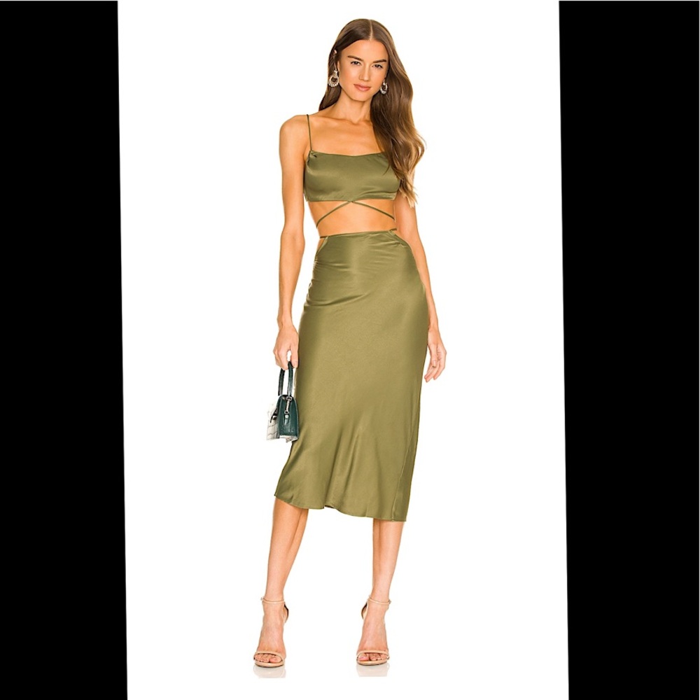 Michael Costello Satin Midi Skirt & Crop Top Set